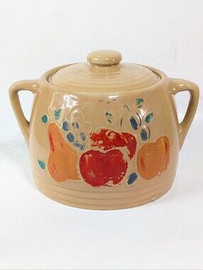 VTG American Ceramic Stoneware Bean Pot Cookie Jar Hand Painted Fruit Floral
